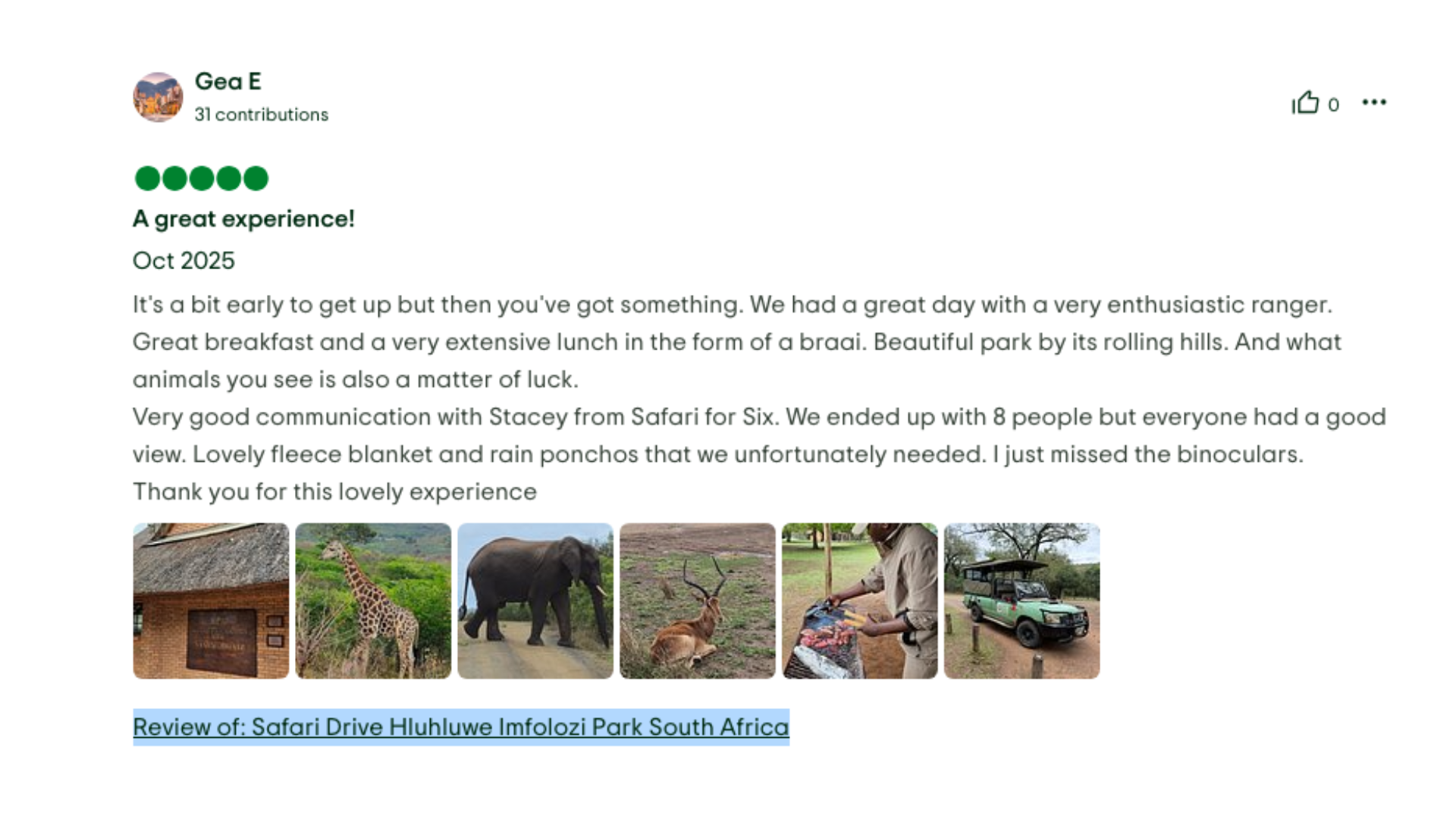 TripAdvisor review for Safari For Six guest safari experience